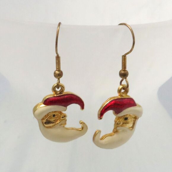 Santa Dangle Earrings With French Hooks and Gold Toned Background for Christmas - Picture 3 of 6